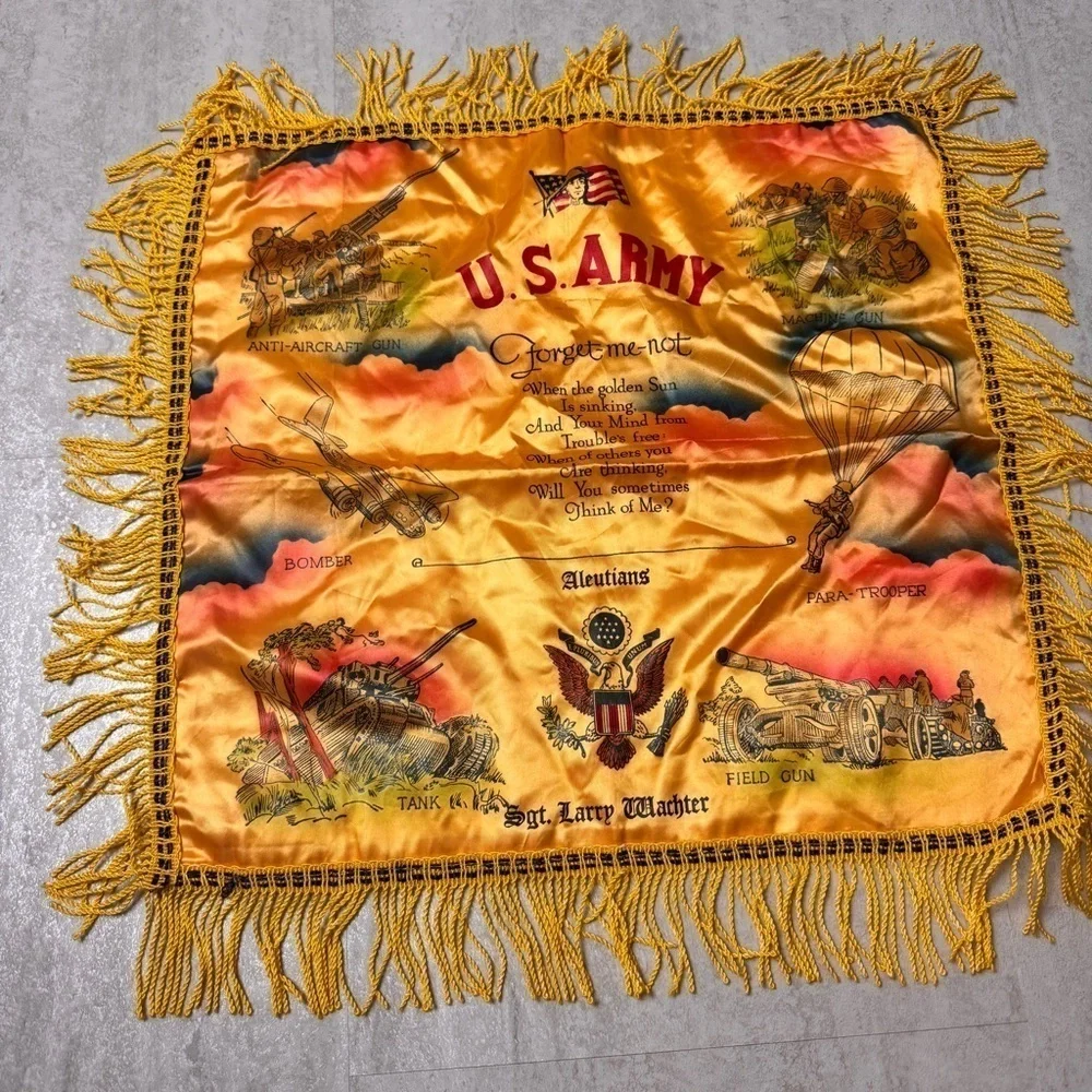 Vintage US Army satin fringe pillow case WWII souvenir pillow cases